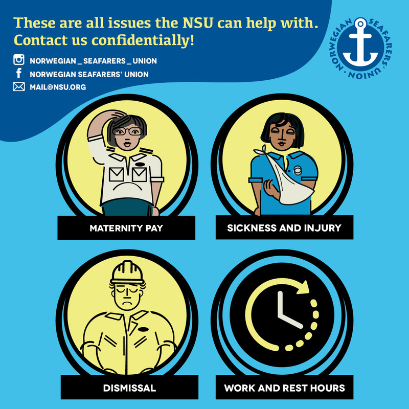 Poster for Norwegian Seafarers Union giving examples problems we can help with eg. maternity pay, sick leave and injury