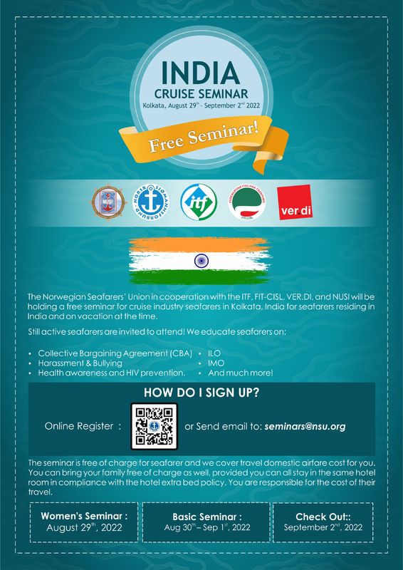 Flyer for the India Cruise Seminar 2022 with dates 29th August to 2nd September, the names of participating unions and flag of India